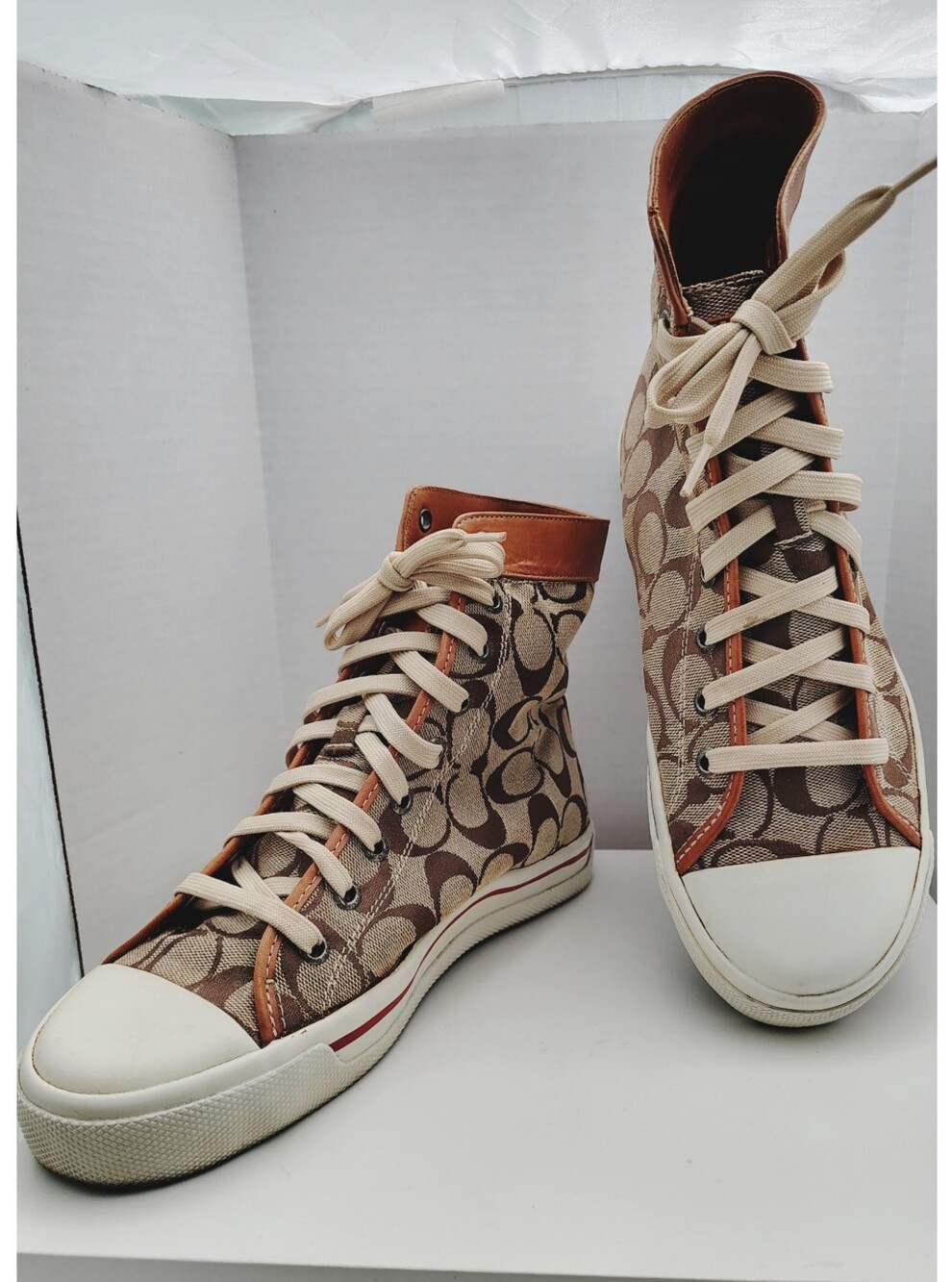 COACH 'Bianca' Women's Hi-Top Fashion Sneakers - Brown & Tan w/Brown Trim - 8